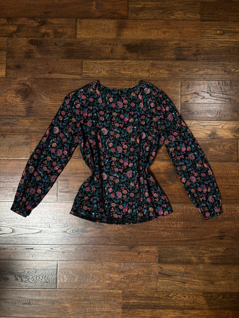 Vintage Schrader Sport Blouse Black Jewel Tone Florals and Exotic Birds Print M